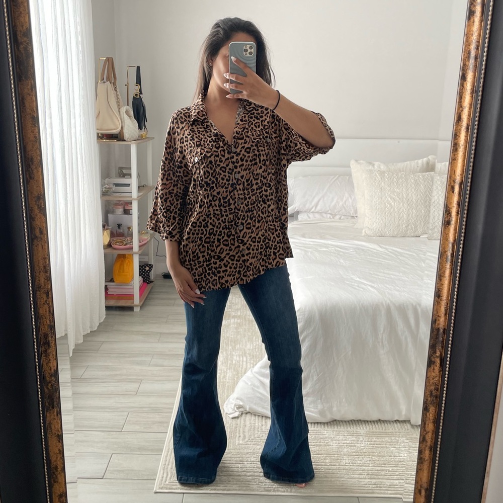 Olivaceous Leopard Print Short Sleeve Button Down Blouse